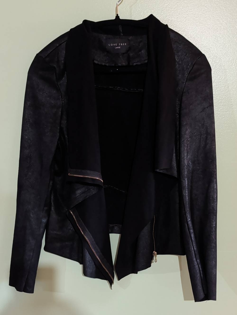 Love Tree Black Faux Suede Draped Moto Jacket with Zip Accents
